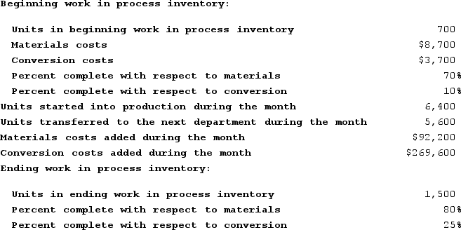 Normand Corporation uses the first-in, first-out method in its process costing system. Data concerning the first processing department for the most recent month are listed below:   The cost per equivalent unit for conversion costs for the first department for the month is closest to: A)  $45.66 B)  $52.86 C)  $47.94 D)  $48.14