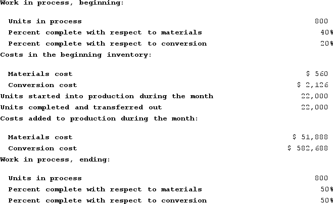 Daosta Incorporated uses the first-in, first-out method in its process costing system. The following data concern the operations of the company's first processing department for a recent month.    Required: Using the first-in, first-out method:a. Determine the equivalent units of production for materials and conversion costs.b. Determine the cost per equivalent unit for materials and conversion costs. (Round your final answers to 2 decimal places.)c. Determine the cost of ending work in process inventory.d. Determine the cost of units transferred out of the department during the month.