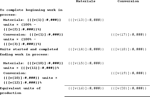 First-in, first-out methoda. Units started and completed during the period = Units completed during the period − Units in beginning work in process inventory = {{[v(7)]:#,###}} − {{[v(1)]:#,###}} = {{[v(14)]:#,###}}    b.    c.    d.   