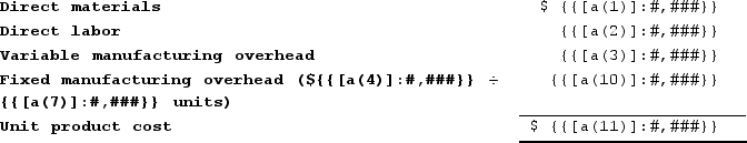 a. The unit product cost is:    b. Selling and administrative expenses = (${{[a(5)]:#,##0.00}} × {{[a(7)]:#,###}}) + ${{[a(6)]:#,###}} = ${{[a(13)]:#,###}}Markup percentage on absorption cost = [(Required return on investment (ROI) × Investment) + Selling and administrative expenses] ÷ [Unit product cost × Units sales]= [({{[a(9)]:#,###}}% × ${{[a(8)]:#,###}}) + (${{[a(13)]:#,###}})] ÷ [${{[a(11)]:#,###}} × {{[a(7)]:#,###}}]= [${{[a(12)]:#,###}} + ${{[a(13)]:#,###}}] ÷ [${{[a(14)]:#,###}}]= ${{[a(18)]:#,###}} ÷ ${{[a(14)]:#,###}}= {{[a(15)]:#,###}}% c. The selling price is determined as follows:   