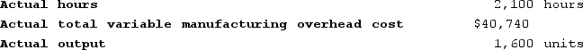 The following standards for variable manufacturing overhead have been established for a company that makes only one product:   The following data pertain to operations for the last month:   What is the variable overhead rate variance for the month? A)  $2,724 Unfavorable B)  $3,492 Unfavorable C)  $840 Favorable D)  $768 Unfavorable