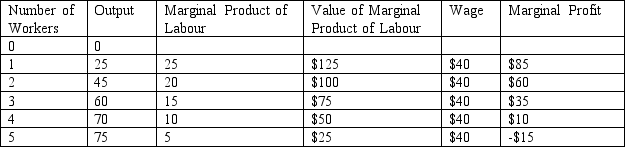 Table 18-1      -Refer to Table 18-1. What is the marginal product of the fourth worker? A)  10 B)  15 C)  20 D)  25