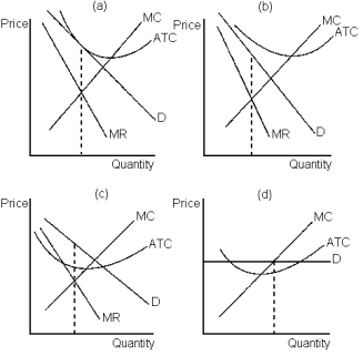 Graph 17-4    -Refer to Graph 17-4. Which of the markets depicted in each panel is likely to see firms exit in the long run? A)  panel A B)  panel B C)  panel C D)  panel D