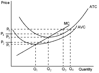 Graph 14-4    The graph depicts the cost structure of a firm in a competitive market. Use the graph to answer the following question(s) . -Refer to Graph 14-4. When market price is P<sub>2</sub>, a profit-maximising firm's losses can be represented by the area: A)  (P<sub>3</sub> - P<sub>2</sub>) *Q<sub>2</sub> B)  (P<sub>2</sub> - P<sub>1</sub>)  *Q<sub>2</sub> C)  at a market price of P<sub>2</sub>, the firm does not have losses D)  at a market price of P<sub>2</sub>, the firm has losses, but the reference points in the graph don't identify the losses