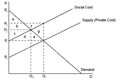 <strong>Graph 10-2   This graph reflects the market for kiwifruit, where pesticide used by kiwifruit orchardists also unintentionally kills honey bees. Refer to Graph 10-2. The difference between the social cost curve and the supply curve reflects the:</strong> A) profit margin of each kiwifruit tray B) cost of spillover effects from the kiwifruit orchards (replacing bees, lost honey output) C) value of kiwifruit to society as a whole D) amount by which the government should subsidise the kiwifruit orchardists <div style=padding-top: 35px> 