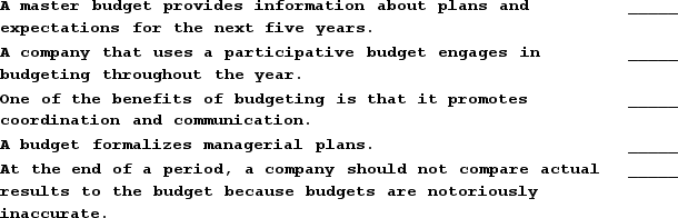 Indicate whether each of the following statements is true or false.   