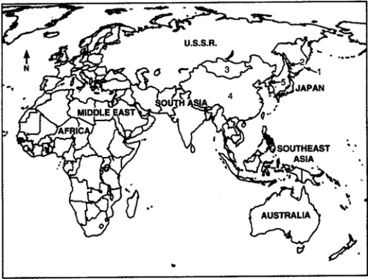 Locate the following places in East Asia by reference number on the map: Asia, Africa, Australia, Japan, and the Soviet Union in the Early Post-World War II World, c. 1945 ​    -____ South Sakhalin Island