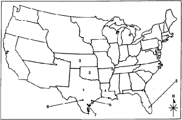 Locate the following places by reference number on the map: ​ The Texas Revolution, Indian Territory, and Florida Territory, c. 1836 ​    -____ Indian Territory
