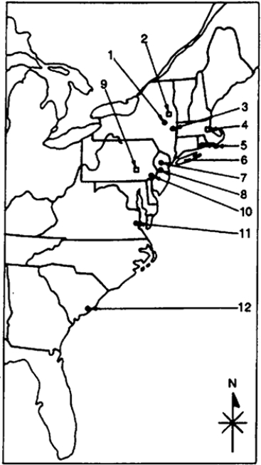 Locate the following places by reference number on the map: ​ ​The American Revolutionary War in the North and the South, 1775-1781    -____ Bunker Hill