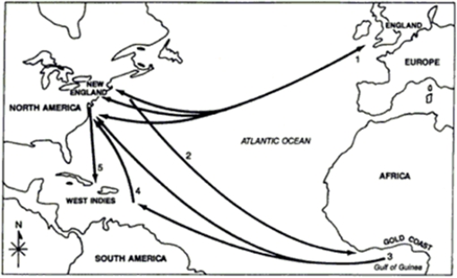 Identify the customary eighteenth-century shipping routes for the following cargoes by reference number on the map. ​ Eighteenth Century ​Colonial Trading Patterns and Shipping Routes ​    -____ Rum