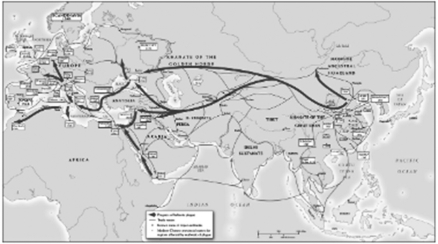 Questions refer to the passage below. The Spread of the Black Death   -The initial route of transmission of the Black Death was confined mainly to the ________ routes. A)  Indian Ocean B)  Silk Road C)  trans-Saharan D)  Mediterranean Sea