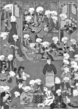 Questions refer to the images below. Image A. Miniature depicting a banquet in an Ottoman coffeehouse, sixteenth century.   Image B. Interior of a London coffeehouse, c. 1690-1700.   -In what ways are the subjects of images A and B similar? A)  They both depict the consumption of a forbidden beverage. B)  They both demonstrate political activity. C)  They both show the emergence of an elite social activity. D)  They both demonstrate the labor-intensive nature of coffee consumption.
