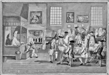 Questions refer to the images below. Image A. Miniature depicting a banquet in an Ottoman coffeehouse, sixteenth century.   Image B. Interior of a London coffeehouse, c. 1690-1700.   -In what ways are the subjects of images A and B similar? A)  They both depict the consumption of a forbidden beverage. B)  They both demonstrate political activity. C)  They both show the emergence of an elite social activity. D)  They both demonstrate the labor-intensive nature of coffee consumption.