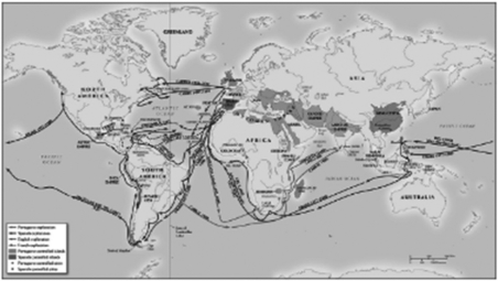 Questions refer to the map below.   -Which of the following is an accurate statement concerning the voyages shown on the map above? A)  Drake was the only voyager who circumnavigated the globe in the sixteenth century. B)  In the fifteenth century, Spain dominated transatlantic exploration, while Portugal explored the coast of Africa. C)  Spain and Portugal were the only nations who sponsored transatlantic voyages in the fifteenth century. D)  Dutch sailors dominated the Indian Ocean trade routes in the sixteenth century.