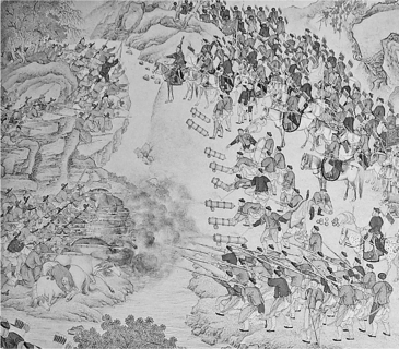 Use the image below to answer all parts of the question that follows.   A battle between Qing troops and the Altishahr Khoja rebels, 1759. Qing-era documents refer to the event as the  Pacification of the Muslim regions  (Xinjiang province). (A) Identify the type of weaponry being used by the Ming in the center of the image. (B) Explain the context for this image in this time period. (C) Explain one difference between the Ming/Qing dynasties' and the Mughal Dynasty's practices concerning Muslim populations.