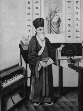 Use the image below to answer all parts of the question that follows. Portrait of Jesuit Father Matteo Ricci, first European missionary to enter the Forbidden City, early seventeenth century.    (A) Identify ONE way that the image above shows how Ricci made accommodations for Ming customs. (B) Identify ONE way that the image above supports Ricci's missionary goals in China. (C) Identify and explain ONE other example of religious dispersion during the period from 1500 to 1600.