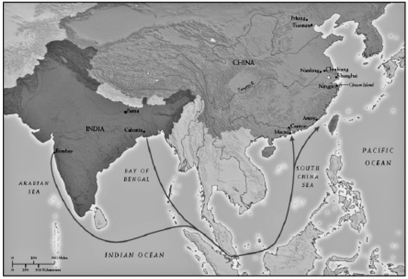 Questions refer to the following two images. Document A. Opium Routes Between British-Controlled India and China   Document B. East India Company Opium Factory at Patna, India   -The process depicted in Document B is an example of: A)  the scale of British commercial activity in illegal drugs. B)  the wealth generated from the Industrial Revolution. C)  the ways in which South Asian rulers lost their power and authority. D)  new ways of connecting commerce to religion in the nineteenth century.