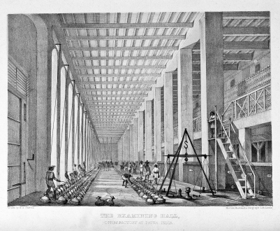 Questions refer to the following two images. Document A. Opium Routes Between British-Controlled India and China   Document B. East India Company Opium Factory at Patna, India   -The process depicted in Document B is an example of: A)  the scale of British commercial activity in illegal drugs. B)  the wealth generated from the Industrial Revolution. C)  the ways in which South Asian rulers lost their power and authority. D)  new ways of connecting commerce to religion in the nineteenth century.