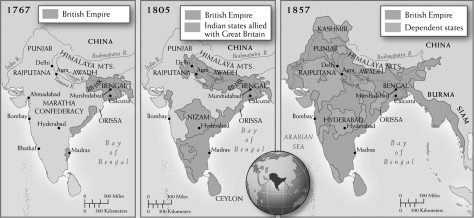 Use the maps below to answer all part of the question that follows. The British in India, 1767-1857    (A) Describe ONE change represented in the three maps of India regarding the British. (B) Identify ONE reason for the change in Part A. (C) Explain ONE historical development that would account for the changes in the maps regarding the British in India.