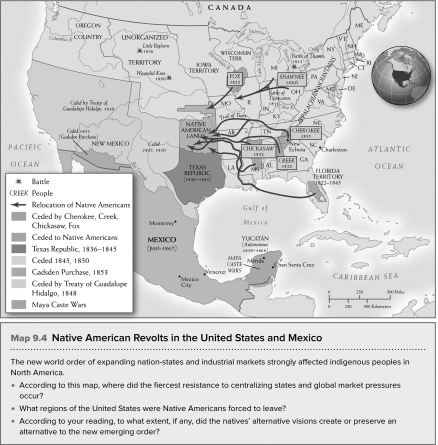 Use the map below to answer all parts of the question that follows. Native American Revolts in the United States and Mexico   (A) Identify ONE way the United States gained territory in the nineteenth century. (B) Identify ONE additional way the United States gained territory in the nineteenth century. (C) Explain ONE indigenous response to the expansion of United States territory in the nineteenth century.