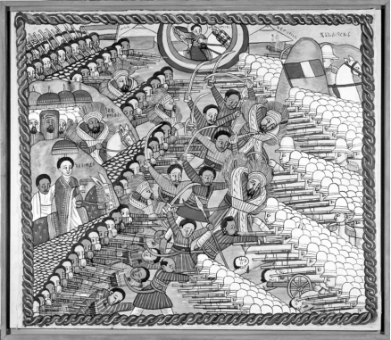 Questions refer to the image below. The Battle of Adwa (1896) , Artist Unknown   Emperor Menelik is shown in the center on horseback and Empress Taytu Betul (Taitu)  commands troops in the lower left. At top-center, the artist depicts the angel Gabriel leading the Ethiopians to victory. -Based on your knowledge of world history, what accounts for the angel Gabriel's presence in the document above? A)  The diffusion of Christianity to Africa B)  The influence of the Italian Renaissance on Ethiopian art C)  The polytheistic nature of Ethiopian traditions D)  The triumph of Christianity over Islam in West Africa