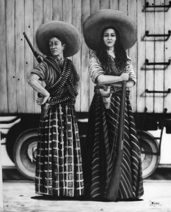 Use the images below to answer all parts of the question that follows. Insurrectos and their women, c. 1910     Las Adelitas     Women fighters during the Mexican Revolution 1910-1914 (A) Identify and explain ONE similarity between the purposes of the two images. (B) Identify and explain ONE significant difference between the portrayal of women in the two images. (C) Identify and explain ONE example of a broader historical context in which the events portrayed in the images took place.