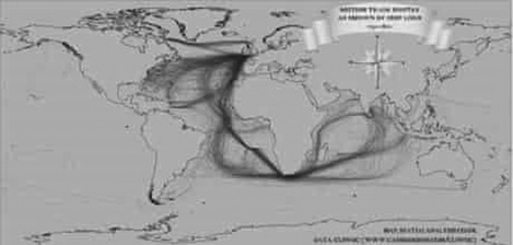 Use the images below and your knowledge of world history to answer all parts of the question that follows. James Cheshire of Spatial Analysis has visualized British, Dutch, and Spanish historical shipping records to produce maps of eighteenth-century shipping trade routes.   Global Shipping Traffic 2012   (A) Identify and explain ONE continuity between patterns of trade in the two maps. (B) Identify and explain ONE change between patterns of trade in the two maps. (C) Explain ONE limitation in using the two maps to explain continuities and changes in global trade patterns over the past 300 years.