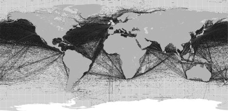 Use the images below and your knowledge of world history to answer all parts of the question that follows. James Cheshire of Spatial Analysis has visualized British, Dutch, and Spanish historical shipping records to produce maps of eighteenth-century shipping trade routes.   Global Shipping Traffic 2012   (A) Identify and explain ONE continuity between patterns of trade in the two maps. (B) Identify and explain ONE change between patterns of trade in the two maps. (C) Explain ONE limitation in using the two maps to explain continuities and changes in global trade patterns over the past 300 years.