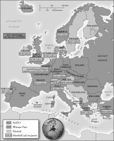 Use the map below to answer all parts of the questions that follow. Map of NATO-Warsaw Pact   (A) Identify and explain ONE significant similarity between the alliances depicted on the map. (B) Identify and explain ONE significant difference between the alliances depicted on the map. (C) Explain ONE limitation of using the maps to measure the relative strength of the two alliances.