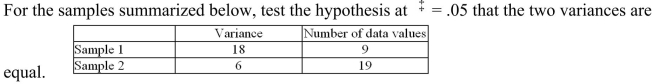   A)  Fail to reject the hypothesis because the test value 3.00 is less than the critical value 3.01. B)  Reject the hypothesis because the test value 3.00 is less than the critical value 3.01. C)  Fail to reject the hypothesis because the test value 9.00 is greater than the critical value 2.88. D)  Reject the hypothesis because the test value 9.00 is greater than the critical value 2.88.