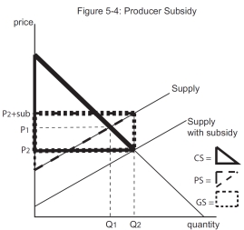   -What is the Government Surplus with the Subsidy in place? A) negative A+B+C+D+E B) negative A+H+I C) negative B+C+D+E+H+I D) negative B+C+D+E E) none of the above, the government surplus is positive