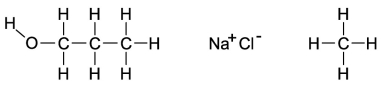 Dipole-induced dipole forces of attraction exist between water and gasoline, and yet these two substances do not mix because water has such a strong attraction for itself. Which of the following compounds might best help to make these two substances mix into a single liquid phase?   A) the molecule on the far left because the O-H bond is polar and the carbon and hydrogen bonds are nonpolar B) the molecule in the middle because when the salts mix into the water, it will help separate the water and decrease the attraction for itself C) The molecule on the right will form attractions with the polar ends of the water, allowing the gasoline a chance to mix with the water. D) All of these molecules would be equally effective at increasing the mixing of gasoline and water.