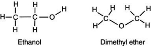 Account for the observation that ethyl alcohol, C<sub>2</sub>H<sub>5</sub>OH, dissolves readily in water but dimethyl ether, CH<sub>3</sub>OCH<sub>3</sub>, which has the same number and kinds of atoms, does not.   A) The hydrogens on the dimethyl ether surround the molecule, shielding the inner atoms from interacting with the water. B) Because the carbons arrange themselves in a straight line, the ethanol can interact more easily with more water molecules, thus increasing its solubility. C) The high electronegativity of the carbon-oxygen-carbon bond on dimethyl ether creates a strong dipole charge on the ends of the molecule, making it highly soluble in water. D) Because dimethyl ether lacks an -OH group, it is significantly less polar than is ethyl alcohol and is not readily soluble in water.