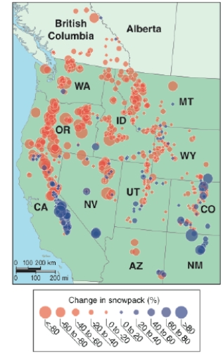 <strong> According to this figure, which location has seen the greatest increase in snowpack?</strong> A)eastern central California B)Oregon C)Utah D)British Columbia