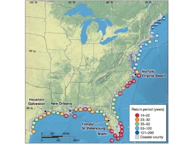 <strong> According to the map, which of these states has the least frequent number of hurricanes?</strong> A)Mississippi B)Georgia C)Alabama D)Texas