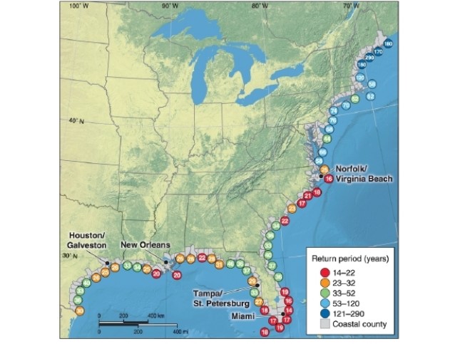 <strong> According to the map, which of these states has the greatest number of hurricanes?</strong> A)Florida B)Georgia C)Alabama D)Texas