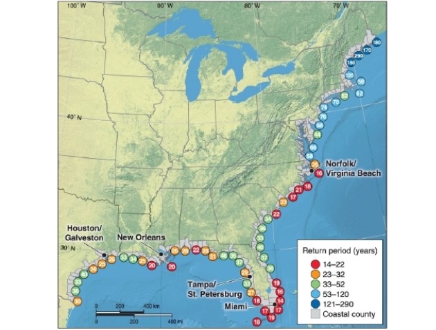   -According to the map, what is the lowest hurricane return period? A) 22 years B) 10 years C) 14 years D) 16 years