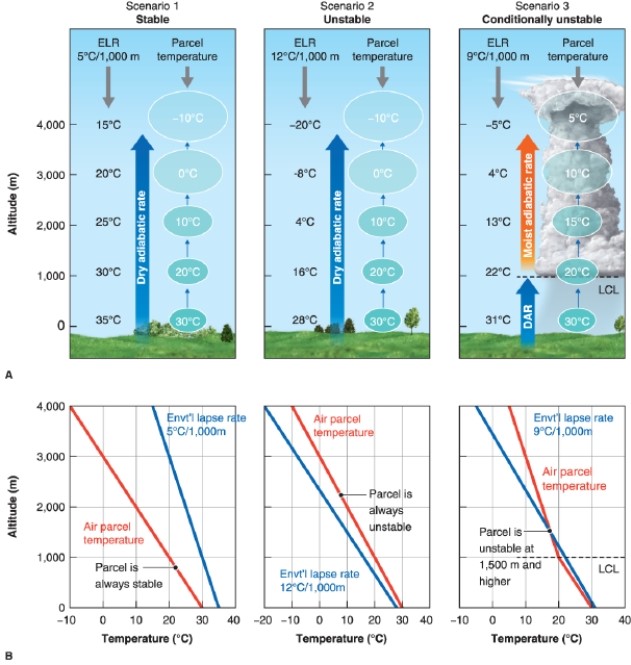 <strong> For Scenario 1, at 3,000 meters the air is __________.</strong> A)stable B)unstable C)neither stable nor unstable D)saturated