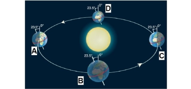 <strong> Looking at the figure, what seasonal marker occurs at position D?</strong> A)June solstice B)December solstice C)March equinox D)September equinox