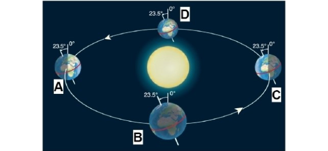   -Looking at the figure, what seasonal marker occurs at position B? A) June solstice B) December solstice C) March equinox D) September equinox