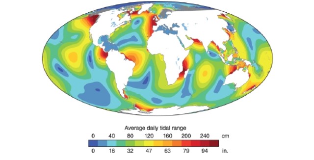   -Maximum tidal ranges are approximately __________ inches on this map. A) < 16 B) 32 C) 47 D) > 94
