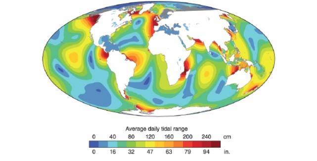   -On this map, the greatest daily tidal range is found in which of the following regions? A) southern Alaska B) the Gulf of Mexico near Florida C) the southern tip of Africa D) southern Australia
