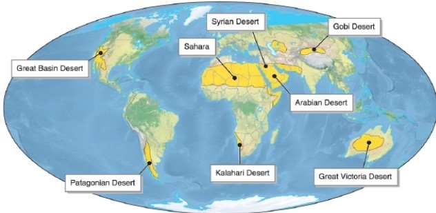 <strong> Referring to the figure, which desert is the largest?</strong> A)Syrian Desert B)Arabian Desert C)Kalahari Desert D)the Sahara