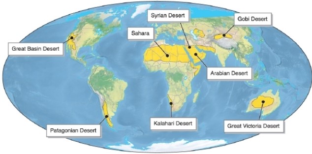 <strong> Referring to the figure, which desert is a rain shadow desert?</strong> A)Gobi Desert B)Great Victoria Desert C)Patagonian Desert D)the Sahara