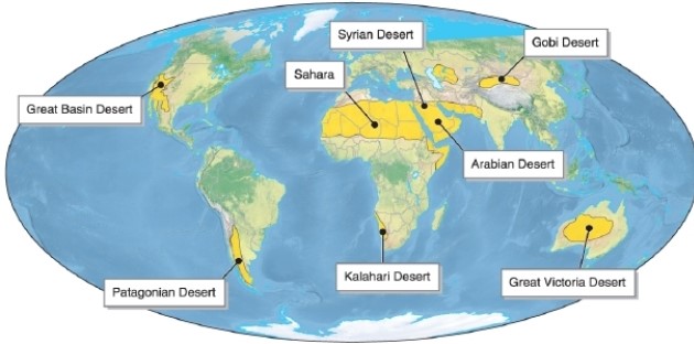   -Referring to the figure, which desert is the result of being located far inland? A) Gobi Desert B) Arabian Desert C) Kalahari Desert D) the Sahara