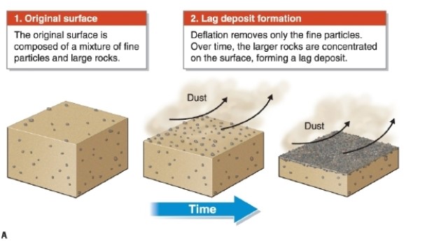   -In the figure, a lag deposit is formed as __________. A) large stones are blown in from other areas B) large stones are blown away to other areas C) fine sediments are blown in from other areas D) fine sediments are blown away to other areas