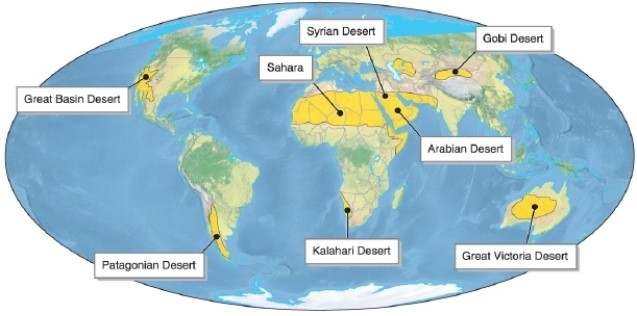   -Referring to the figure, which desert is in Asia? A) Gobi Desert B) Great Victoria Desert C) Patagonian Desert D) the Sahara