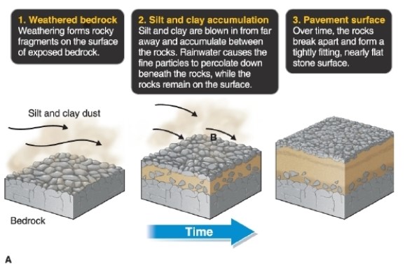   -In the figure, a desert pavement develops through what process? A) weathering B) exfoliation C) deflation D) mass wasting