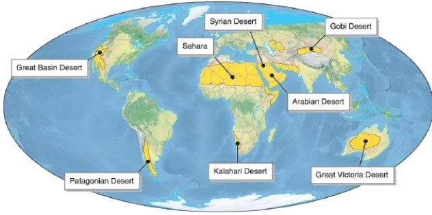   -Referring to the figure, which desert is in Australia? A) Gobi Desert B) Great Victoria Desert C) Patagonian Desert D) the Sahara