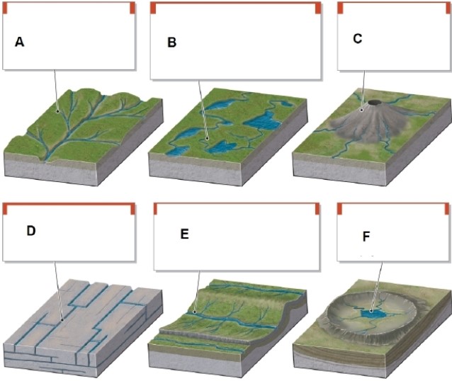   -In the figure, box E shows what type of drainage pattern? A) deranged B) radial C) rectangular D) trellis